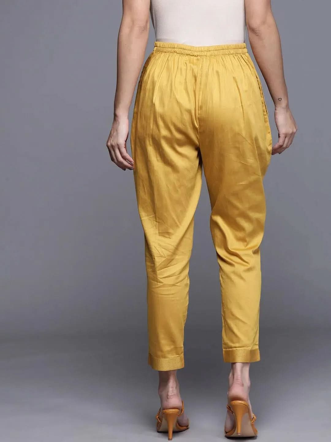 Yellow Solid Silk Trousers - Libas