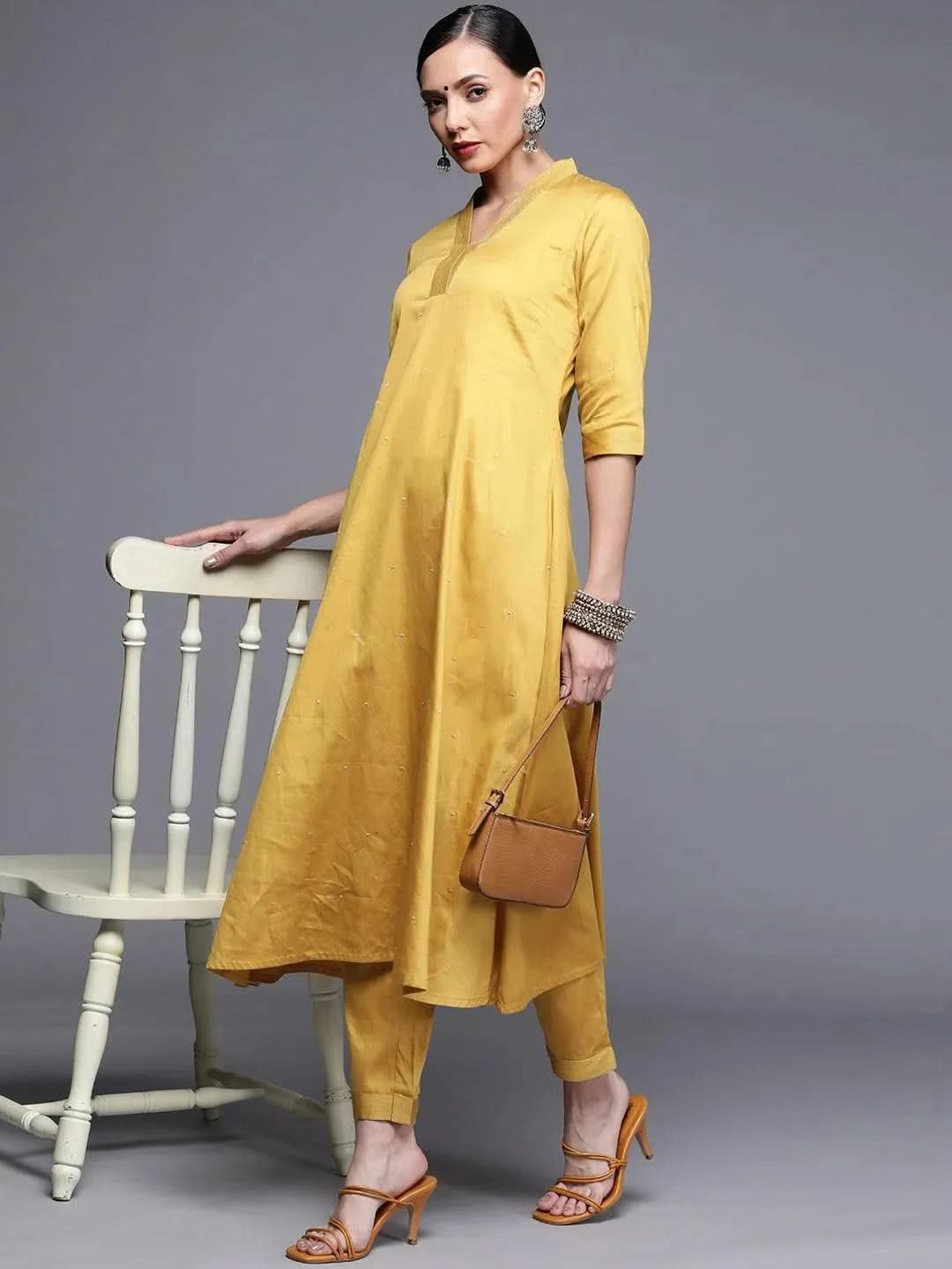 Yellow Solid Silk Trousers - Libas