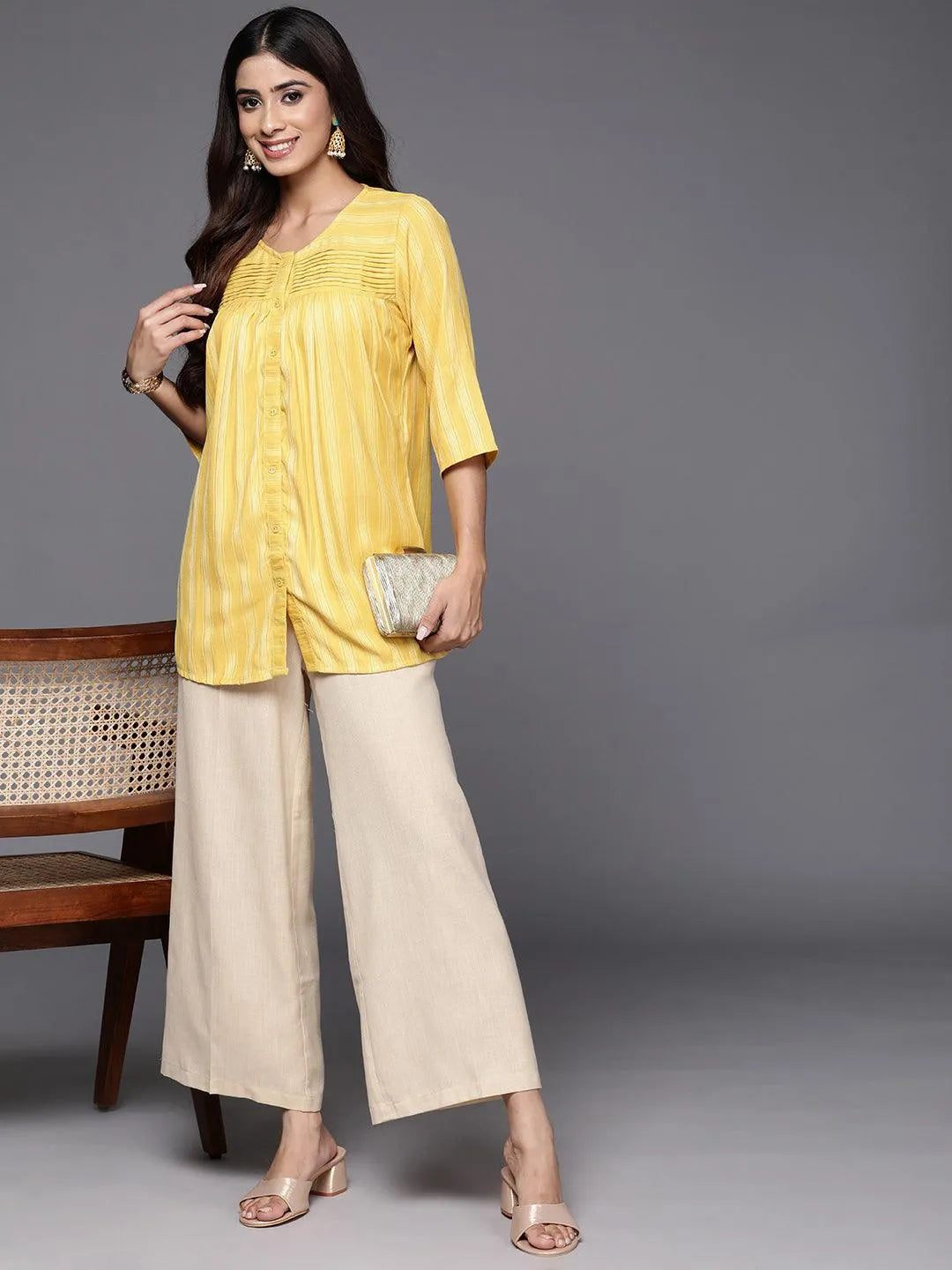 Yellow Striped Rayon Straight Kurti - Libas