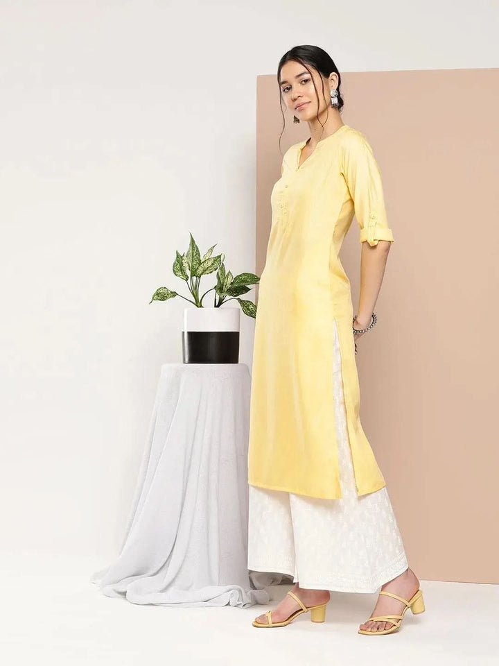 Yellow Woven Design Cotton Straight Kurta - Libas