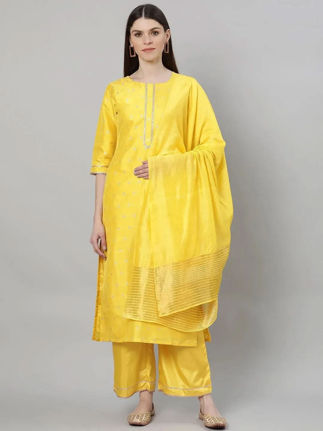 Yellow Woven Design Shantoon Straight Kurta With Palazzos & Dupatta
Yellow Woven Design Shantoon Straight Kurta With Palazzos & Dupatta