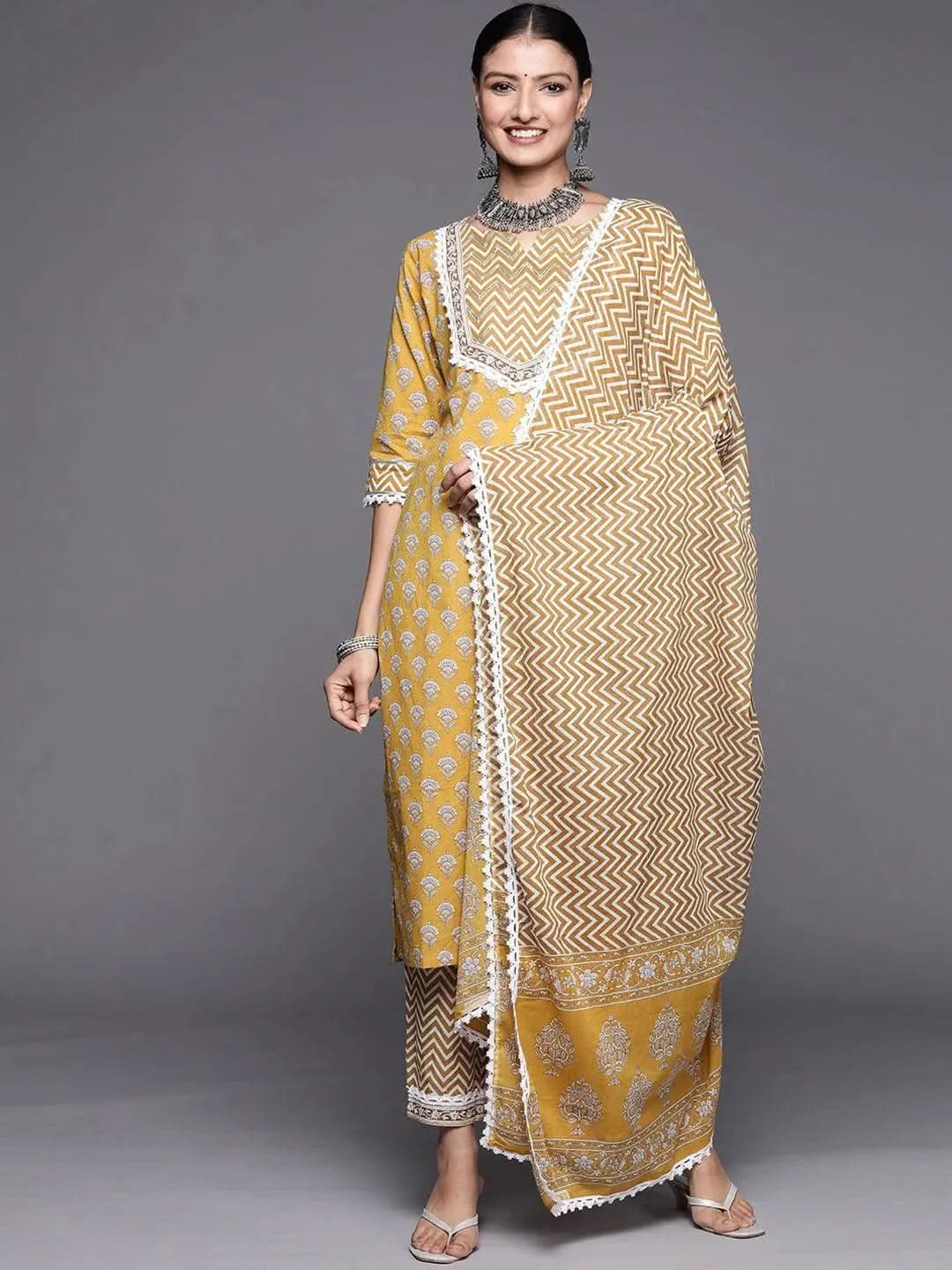 Yellow Yoke Design Cotton Straight Kurta With Trousers & Dupatta
Yellow Yoke Design Cotton Straight Kurta With Trousers & Dupatta