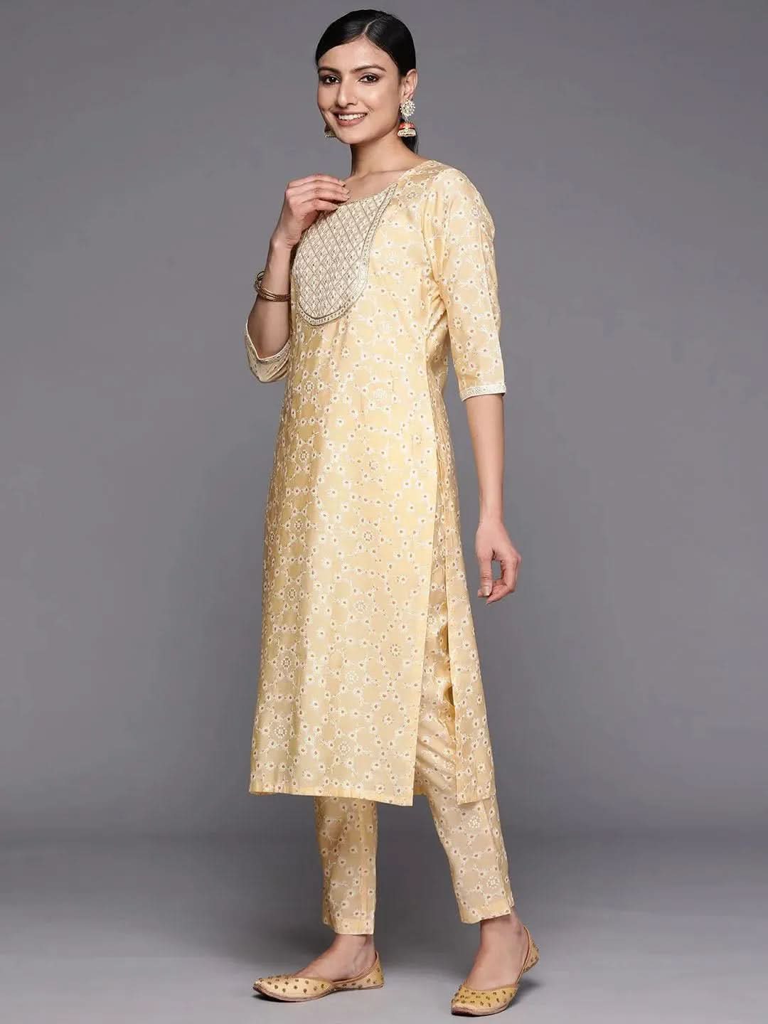 Yellow Yoke Design Silk Blend Straight Suit Set With Trousers - Libas