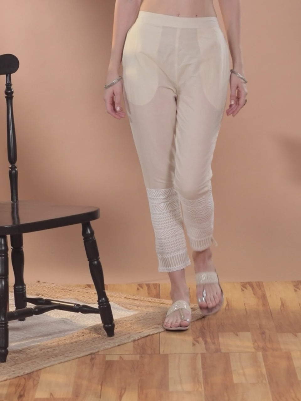 Off White Solid Cotton Trousers