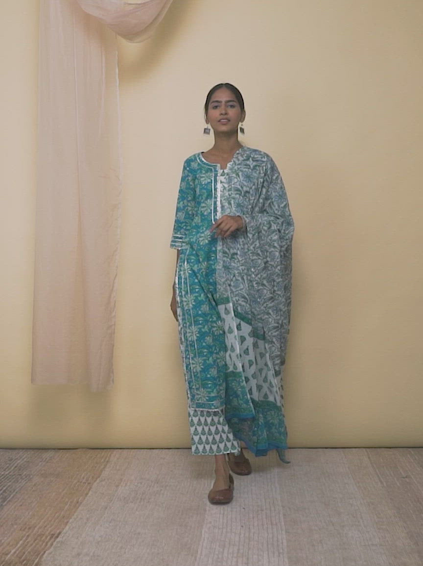Blue Printed Cotton Straight Kurta With Palazzos & Dupatta