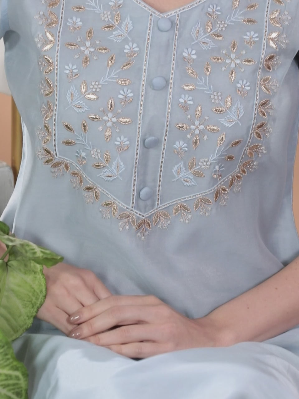 Blue Embroidered Chanderi Silk Straight Kurta