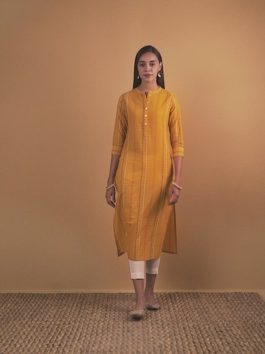 Mustard Striped Cotton Kurta