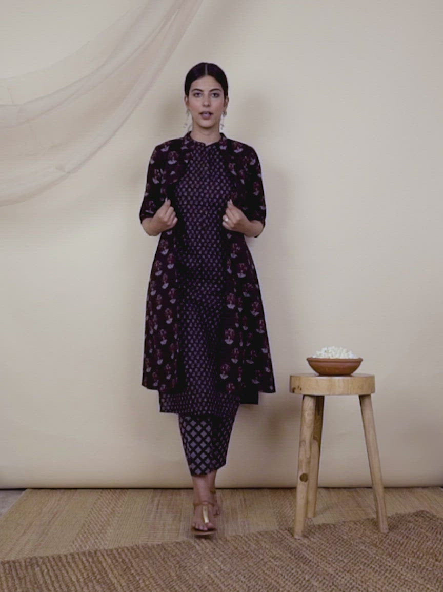 Black Printed Cotton Straight Kurta With Shrug