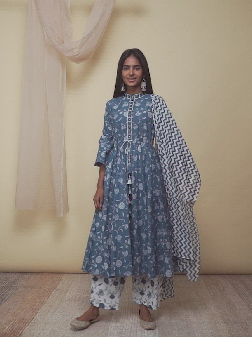 Blue Printed Cotton Anarkali Kurta With Palazzos & Dupatta
