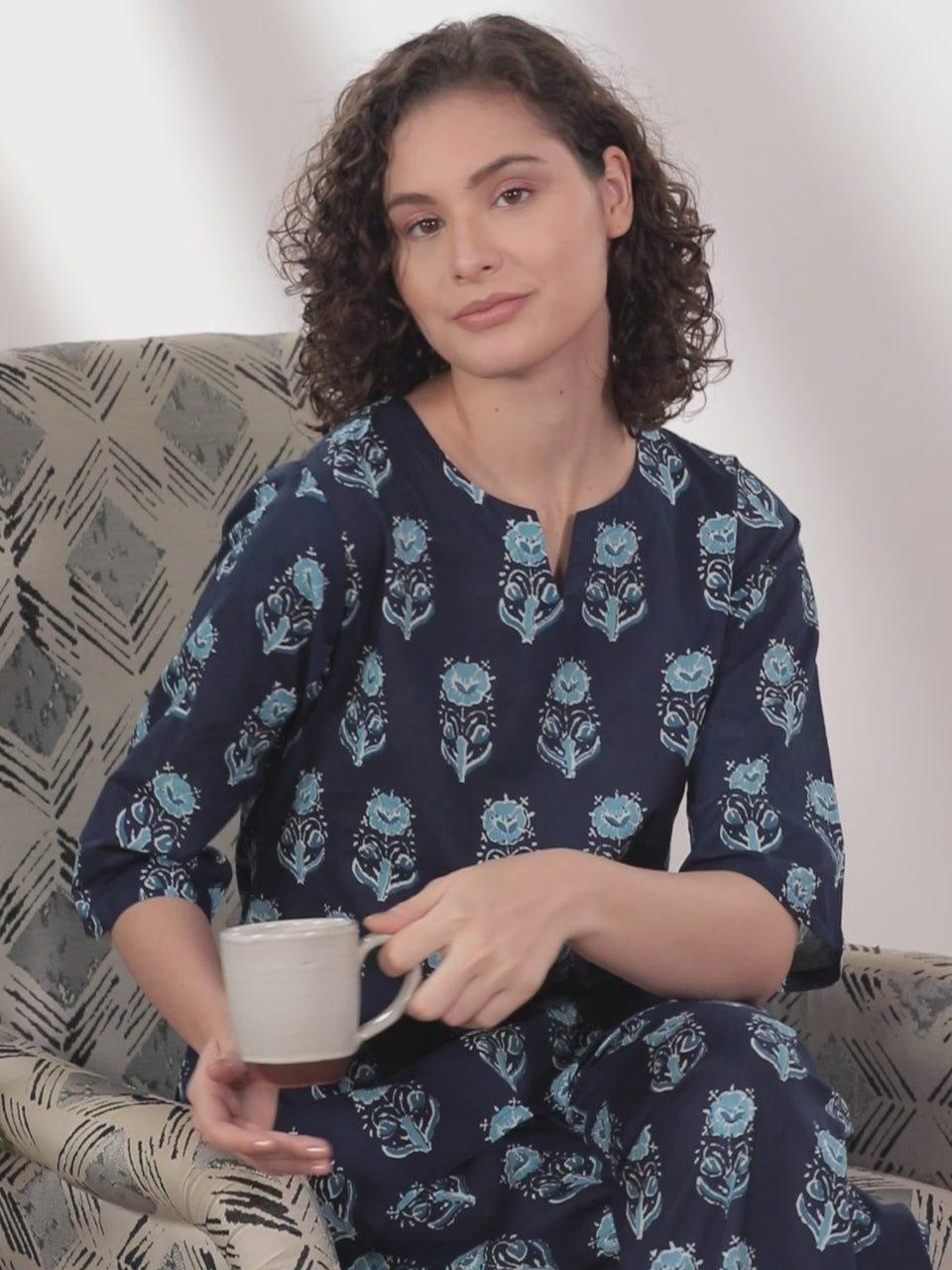 Navy Blue Printed Cotton Night Suit