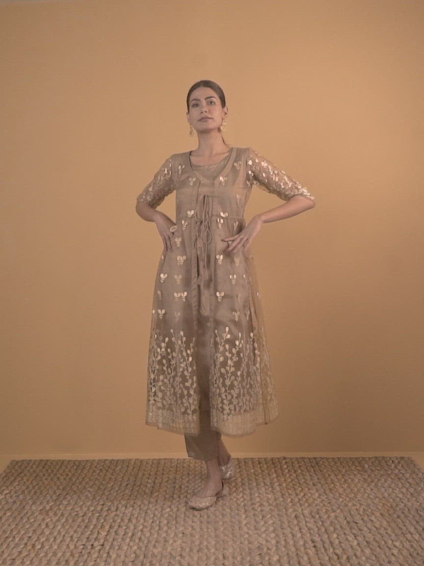 Brown Solid Shantoon Straight Kurta With Jacket