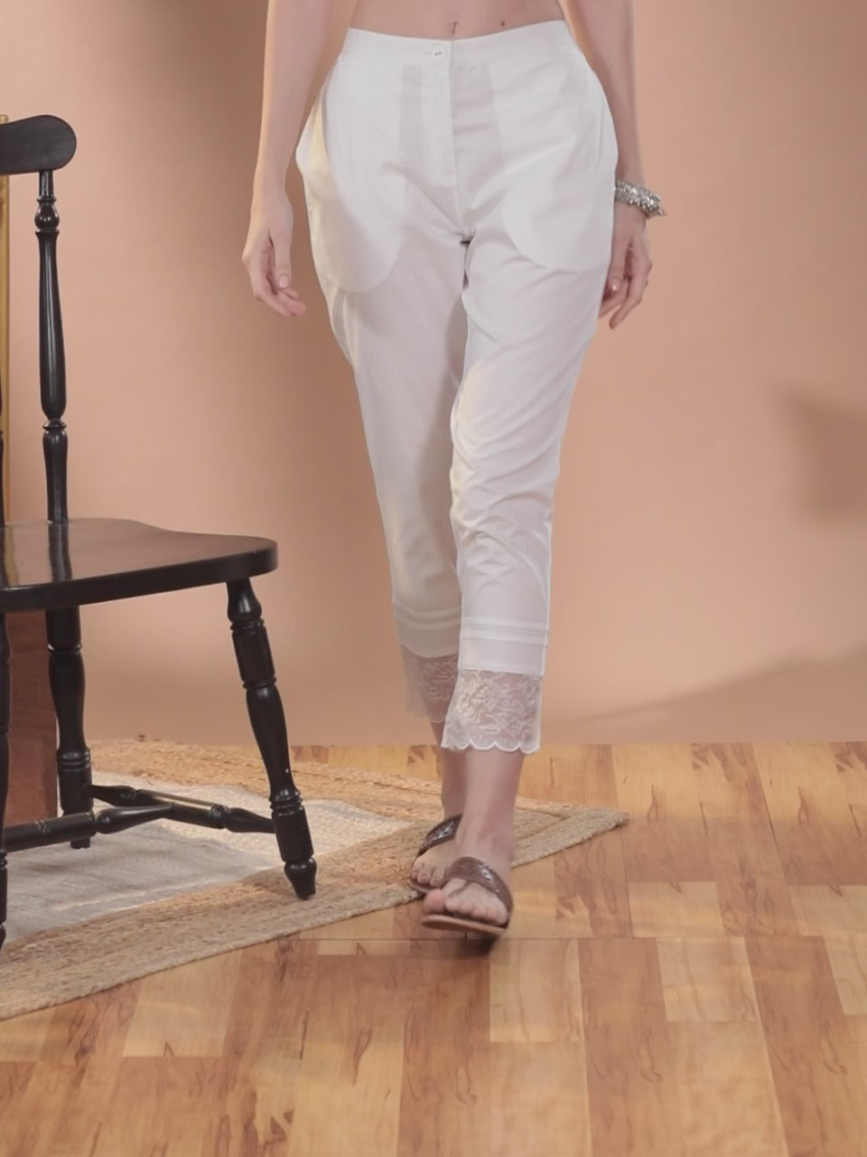 Off White Solid Cotton Trousers