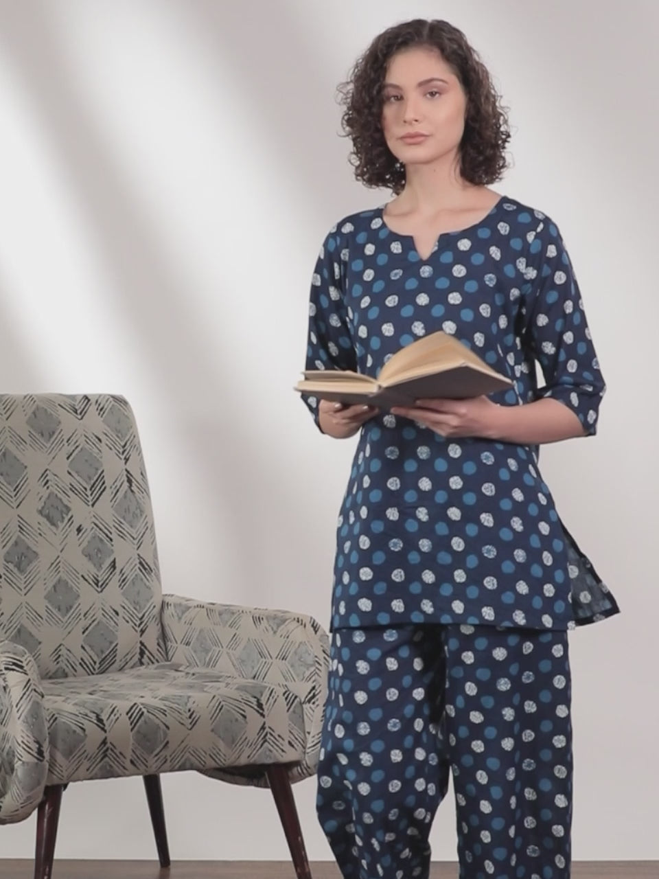 Navy Blue Printed Cotton Night Suit