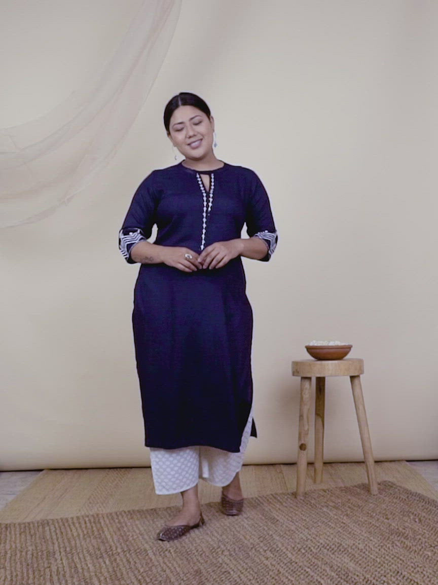 Plus Size Navy Blue Embroidered Rayon Kurta