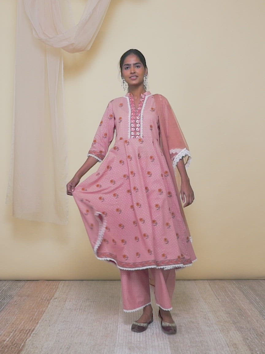 Peach Printed Cotton A-Line Kurta With Palazzos & Dupatta