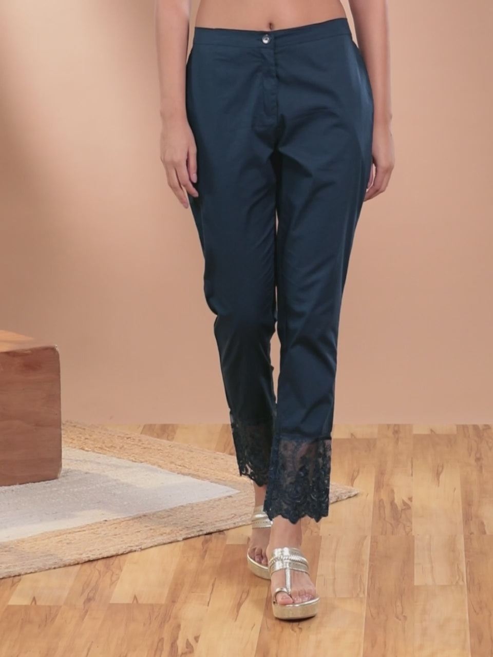 Navy Blue Solid Cotton Trousers