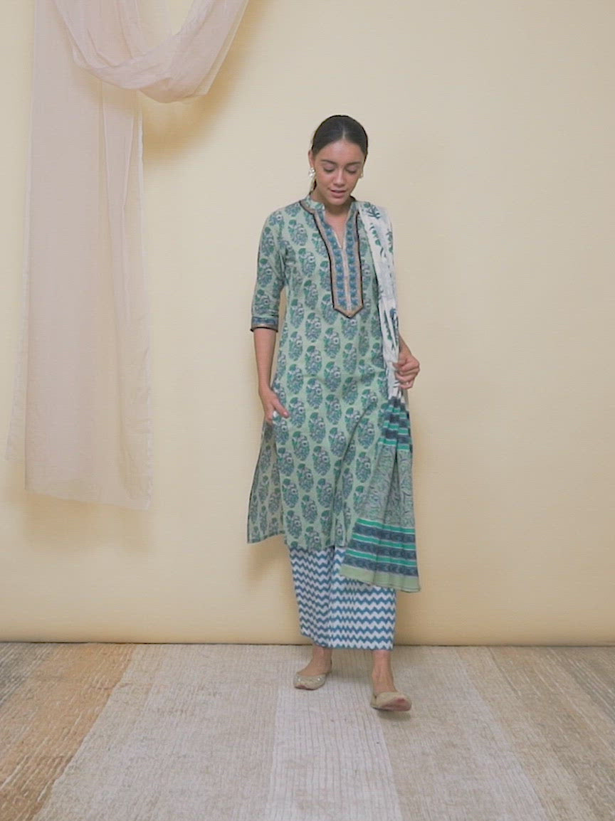 Blue Printed Cotton Straight Kurta With Palazzos & Dupatta