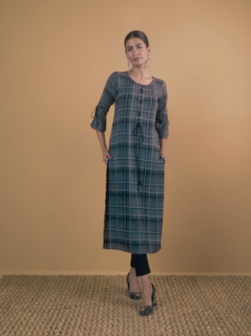 Olive Green Checkered Rayon Kurta