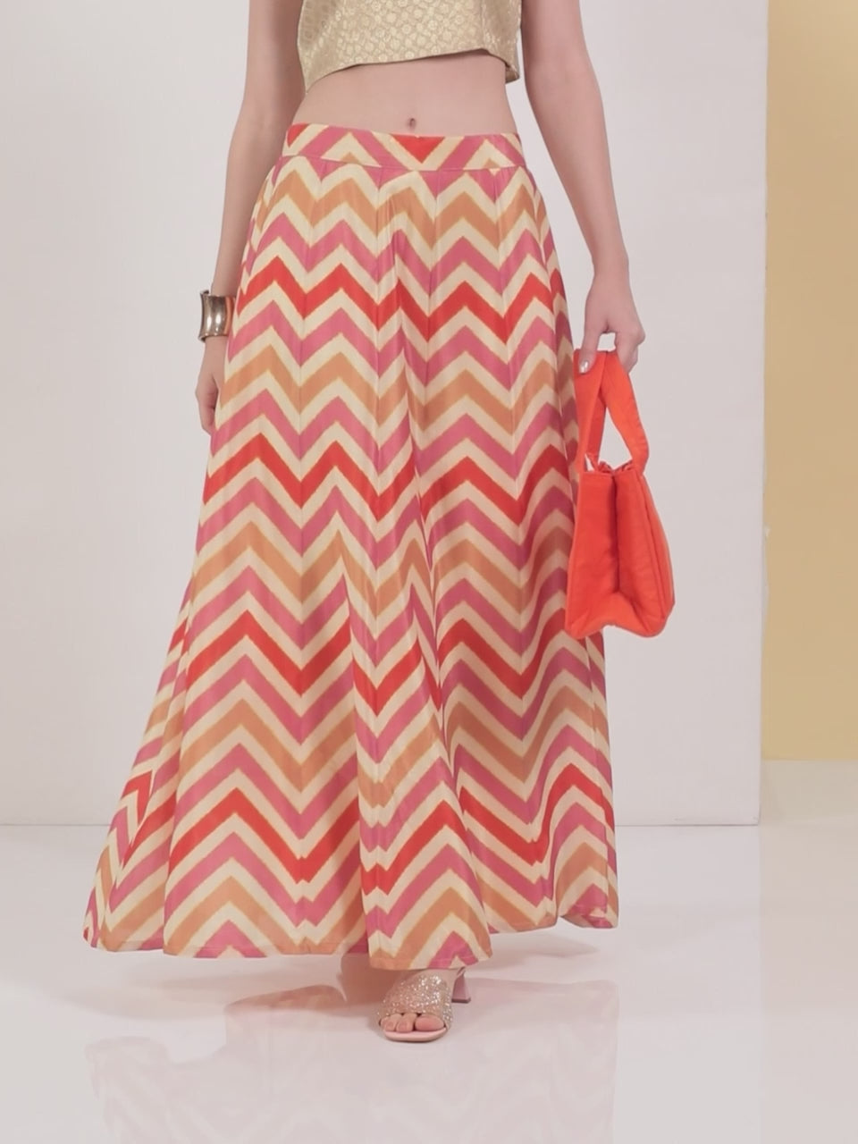 Orange Printed Crepe Skirt