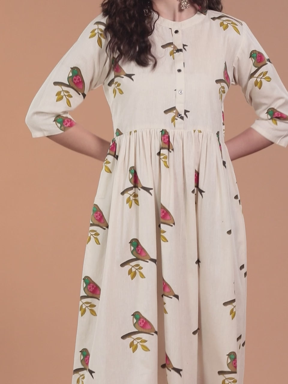 Off White Printed Cotton Fit and Flare Dress