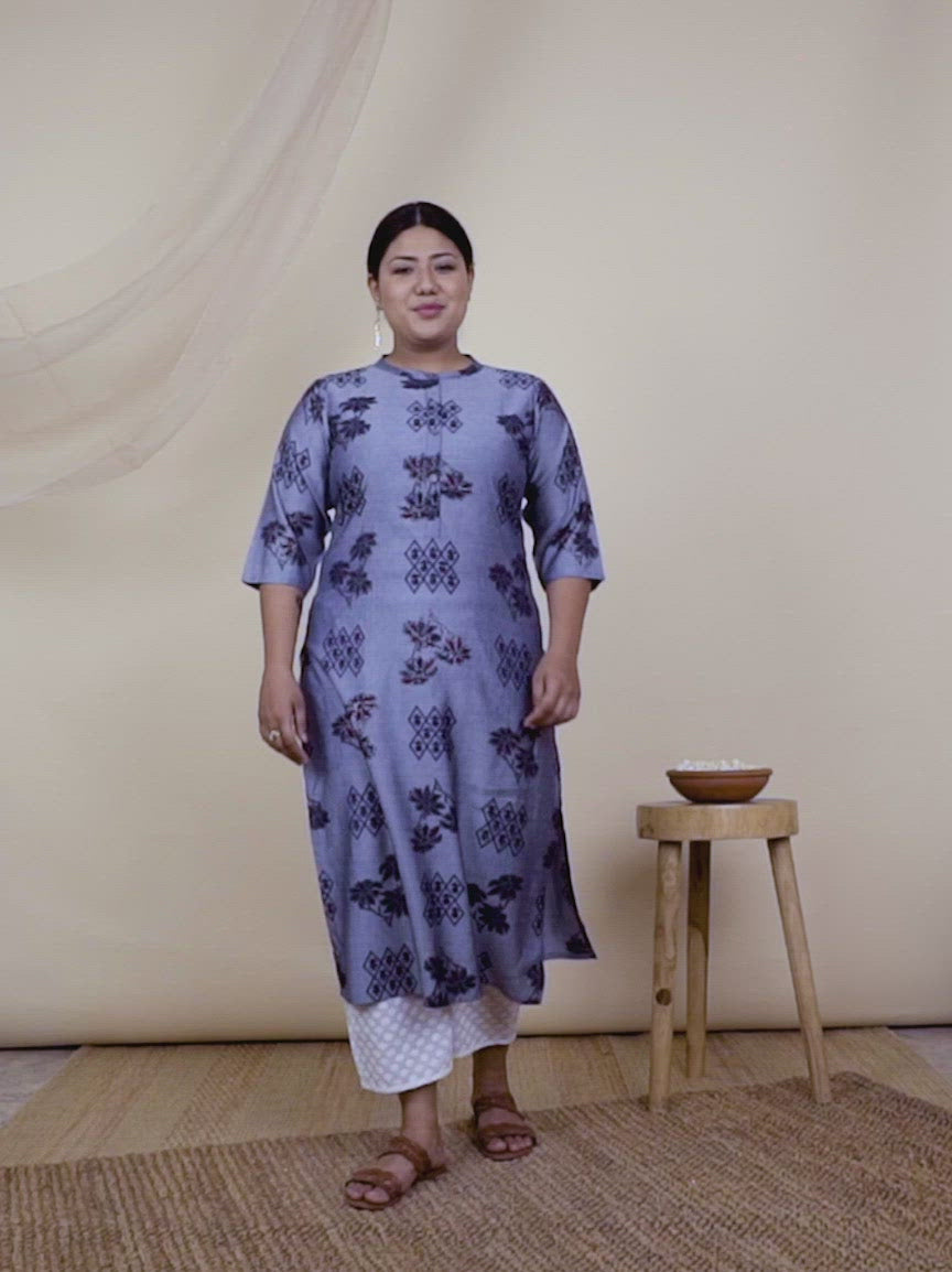 Plus Size Blue Printed Rayon Kurta
