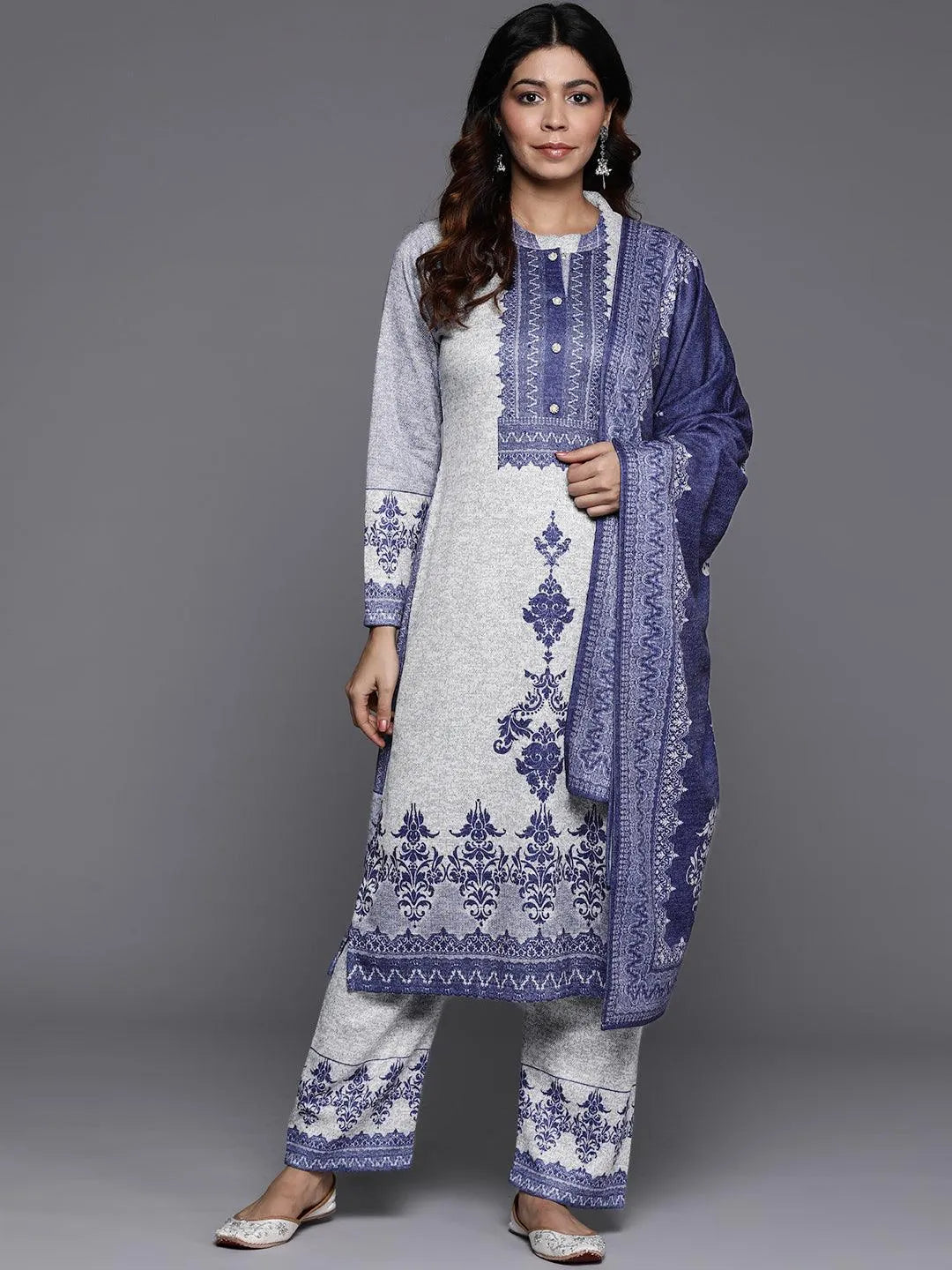 Grey Printed Wool Blend Straight Suit With Dupatta - Libas