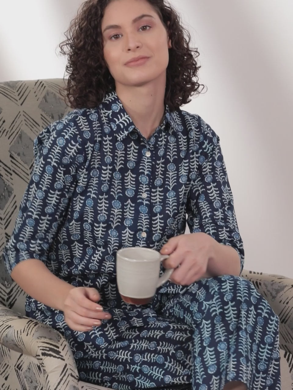 Navy Blue Printed Cotton Night Suit