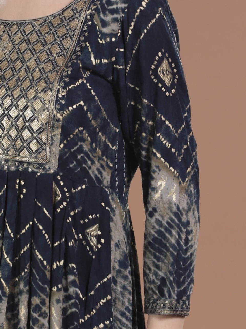 Navy Blue Printed Rayon Fit and Flared Dress
