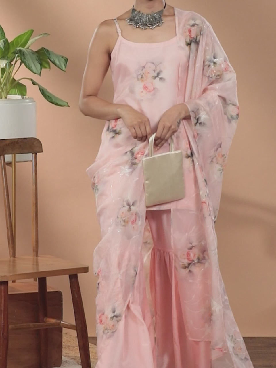 Peach Printed Organza Straight Sharara Suit Set With Dupatta