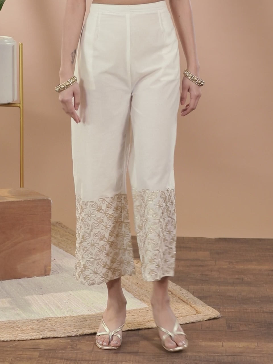 White Hem Design Cotton Palazzos