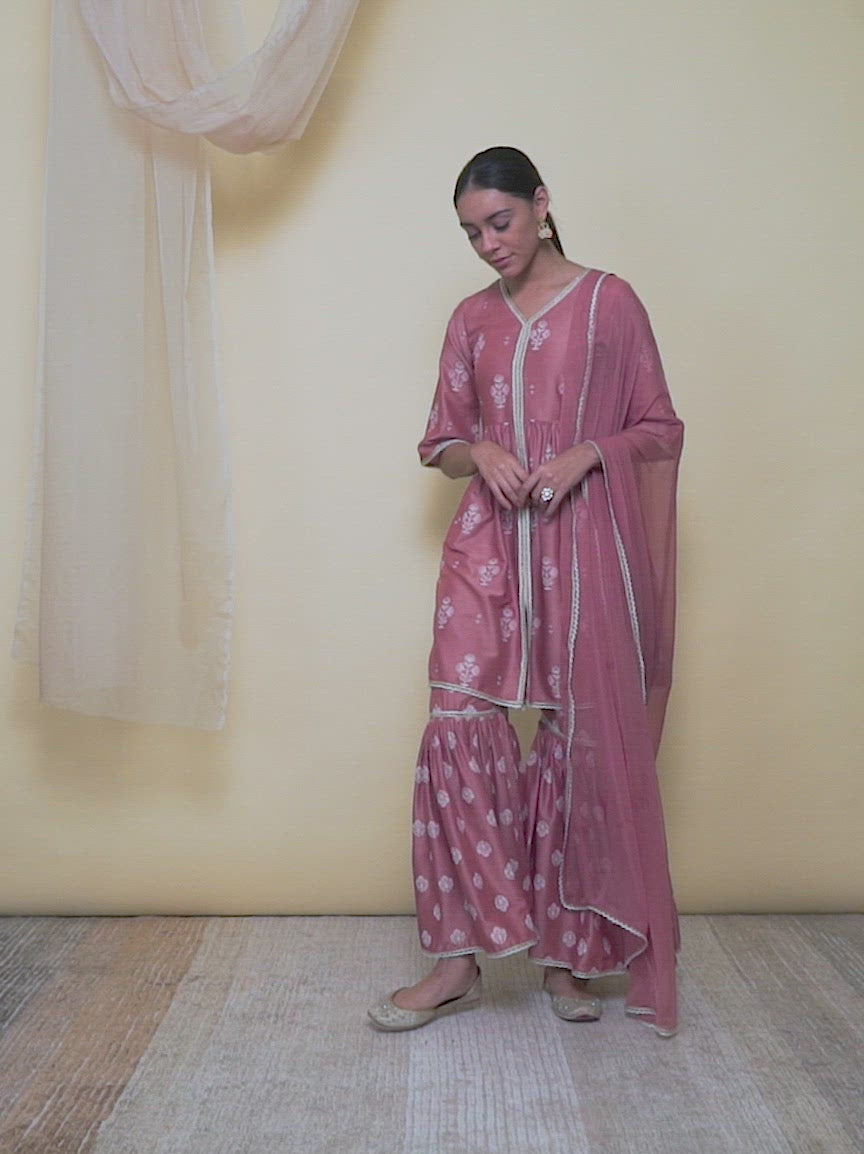 Pink Printed Silk A-Line Kurta With Sharara & Dupatta