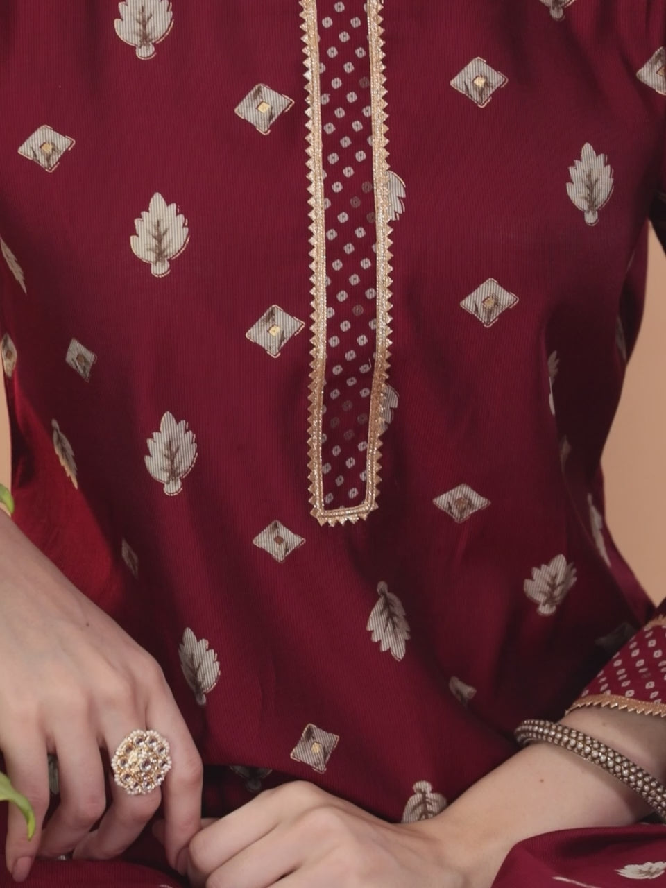 Maroon Printed Silk Blend Straight Kurta With Dupatta