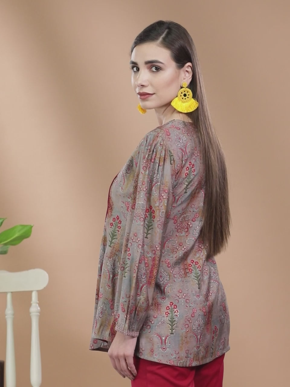 Grey Printed Silk Blend Kurti