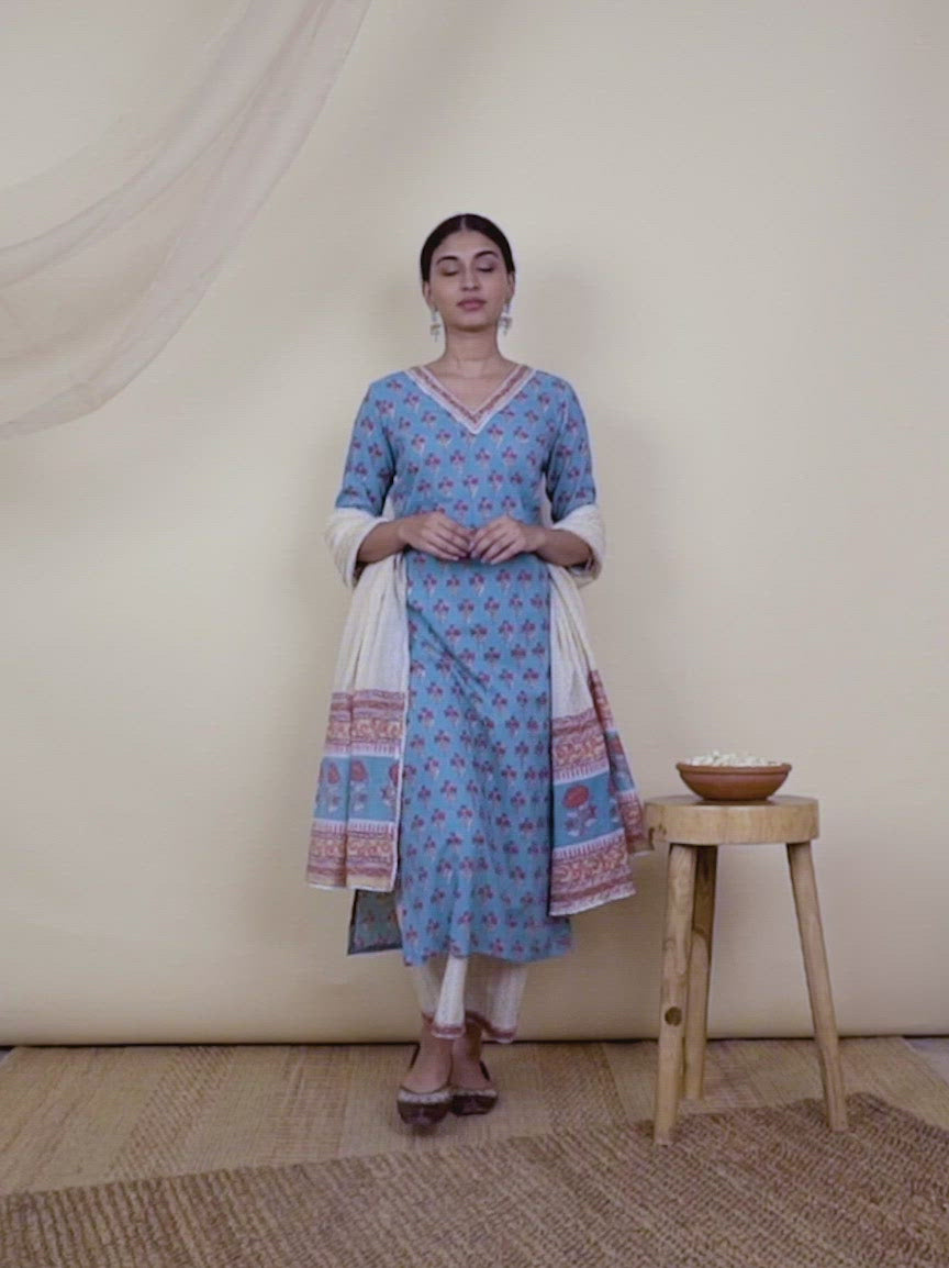 Blue Printed Cotton Straight Kurta With Palazzos & Dupatta