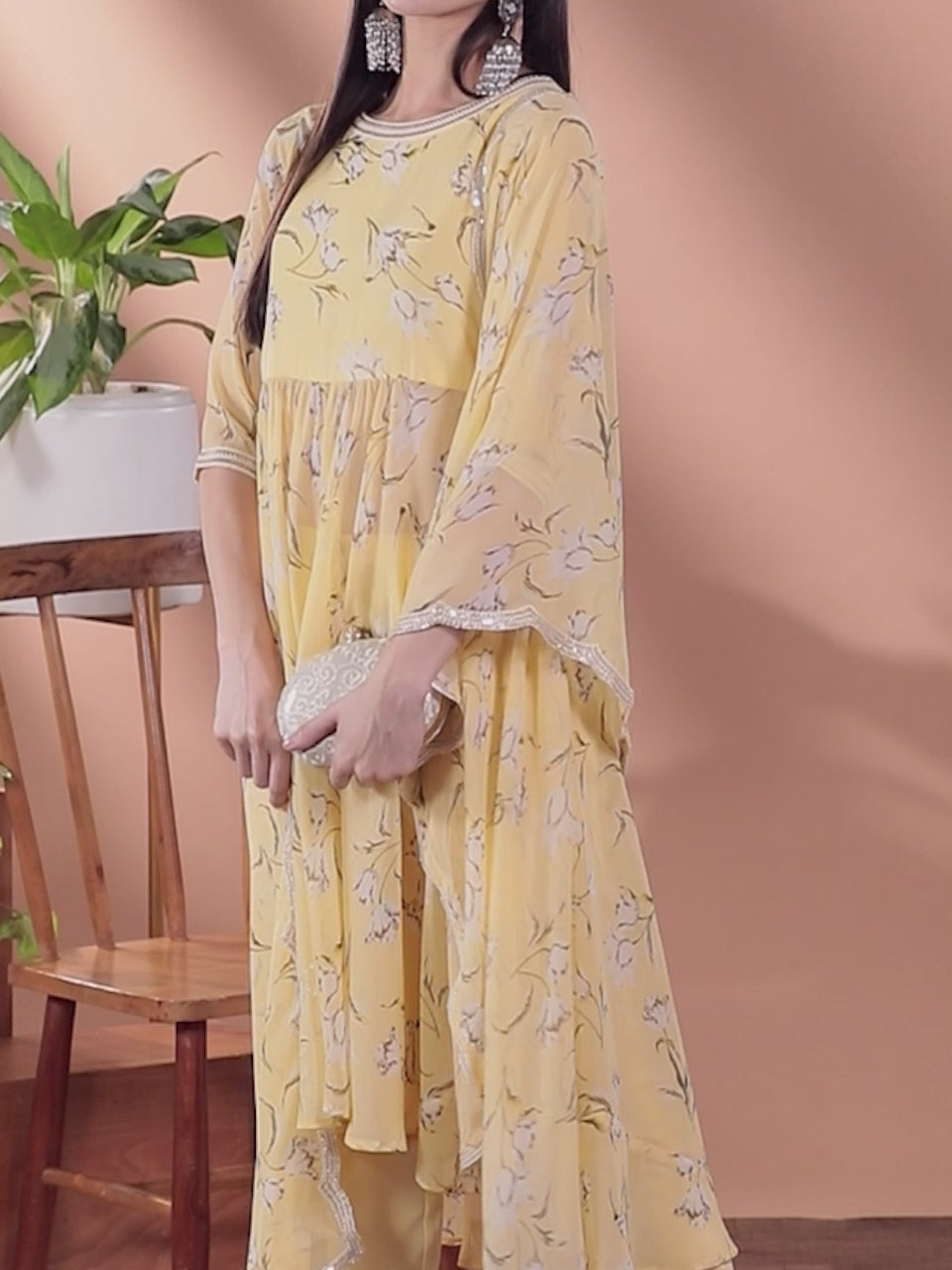 Yellow Printed Georgette Anarkali Sharara Suit Set