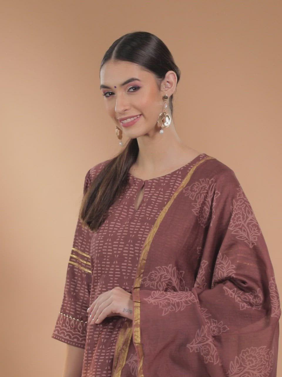 Brown Printed Chanderi Silk Straight Kurta With Dupatta