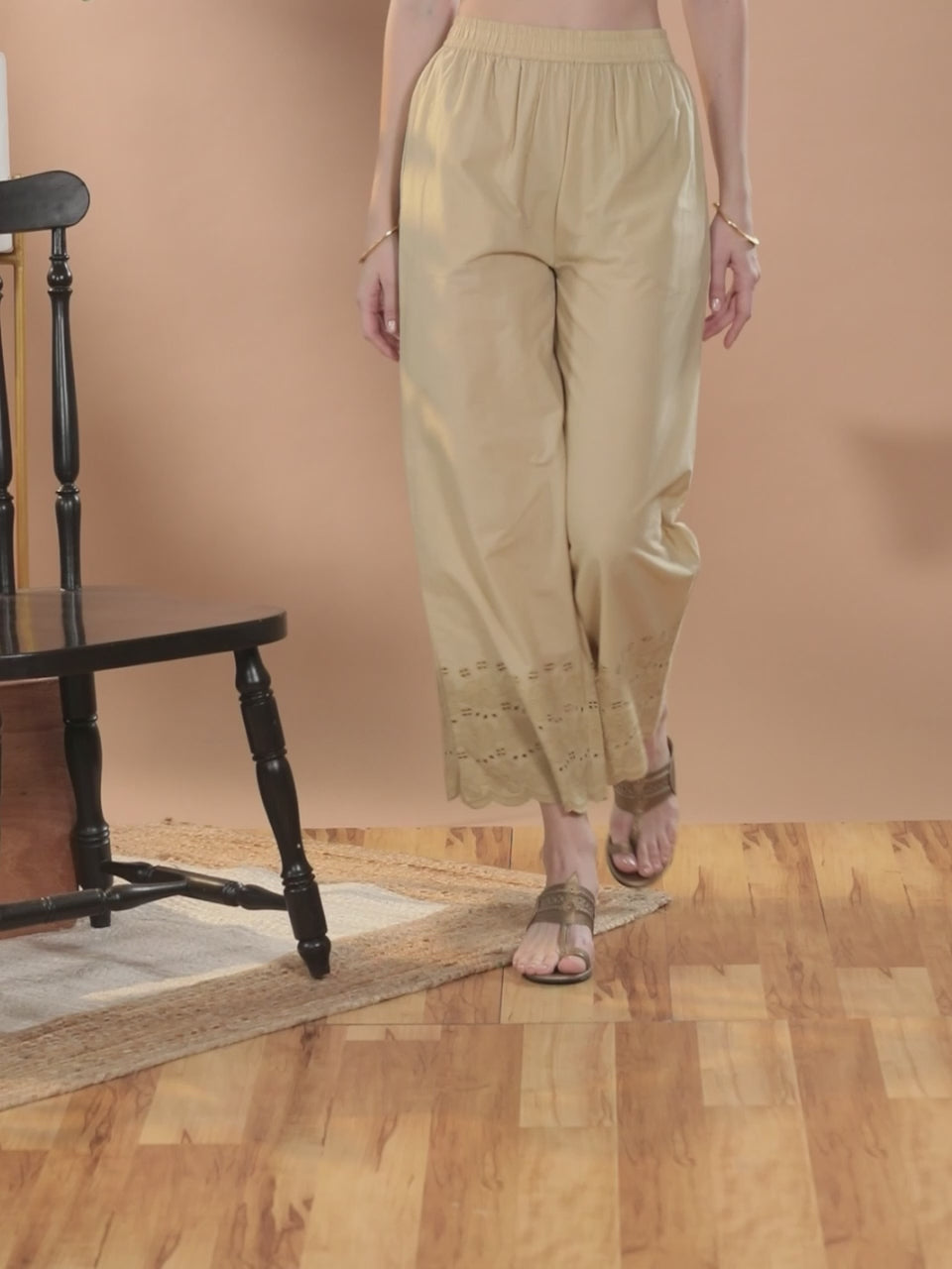 Beige Solid Cotton Palazzos