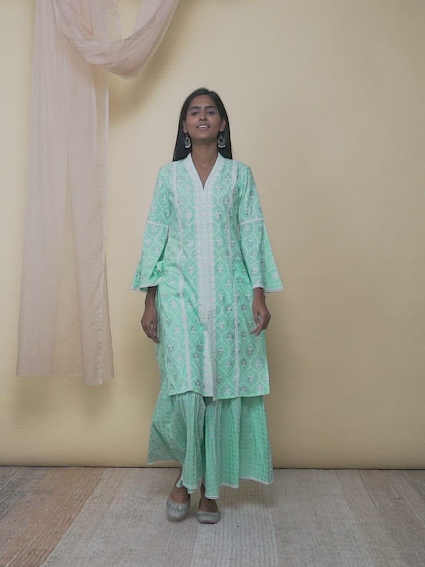 Green Printed Cotton Straight Kurta With Sharara