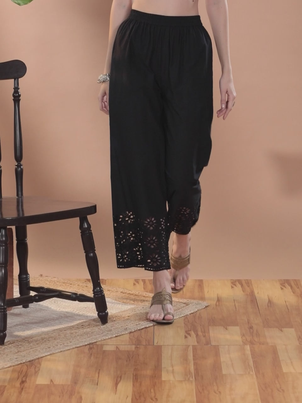 Black Solid Cotton Palazzos
