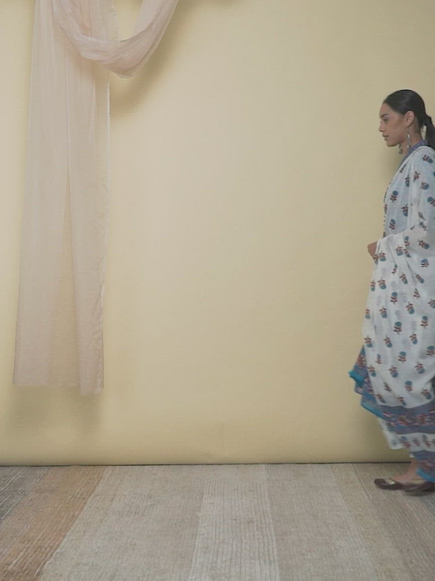 Blue Printed Cotton Straight Kurta With Palazzos & Dupatta