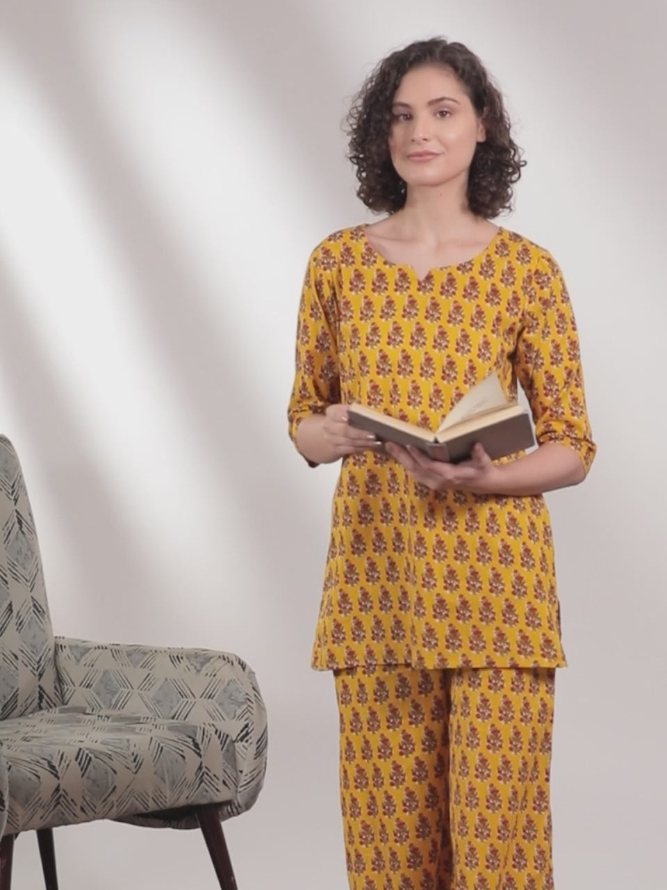 Mustard Printed Cotton Night Suit