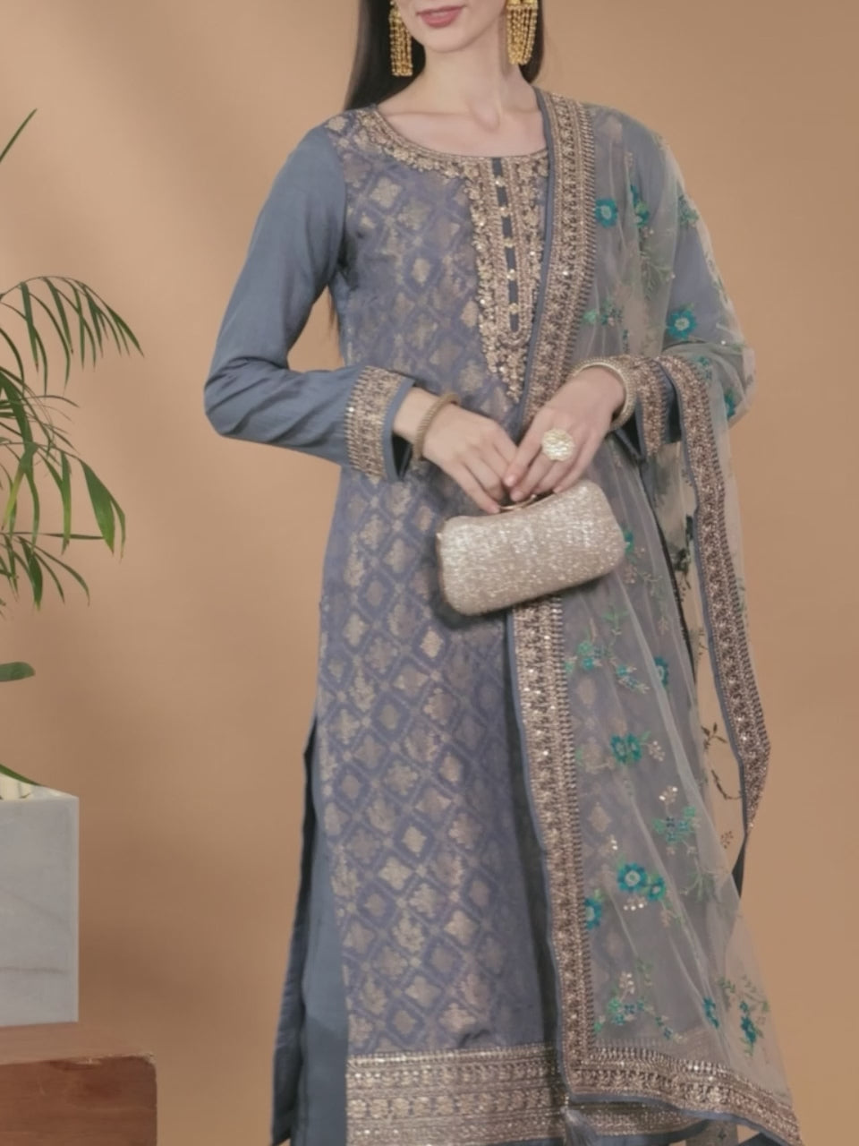 Grey Self Design Silk Blend Straight Kurta With Dupatta