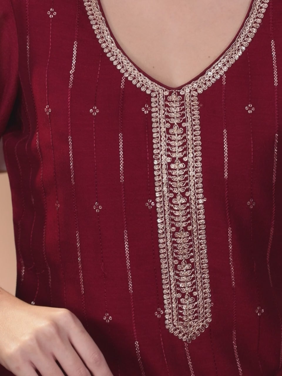 Maroon Embroidered Silk Straight Kurta