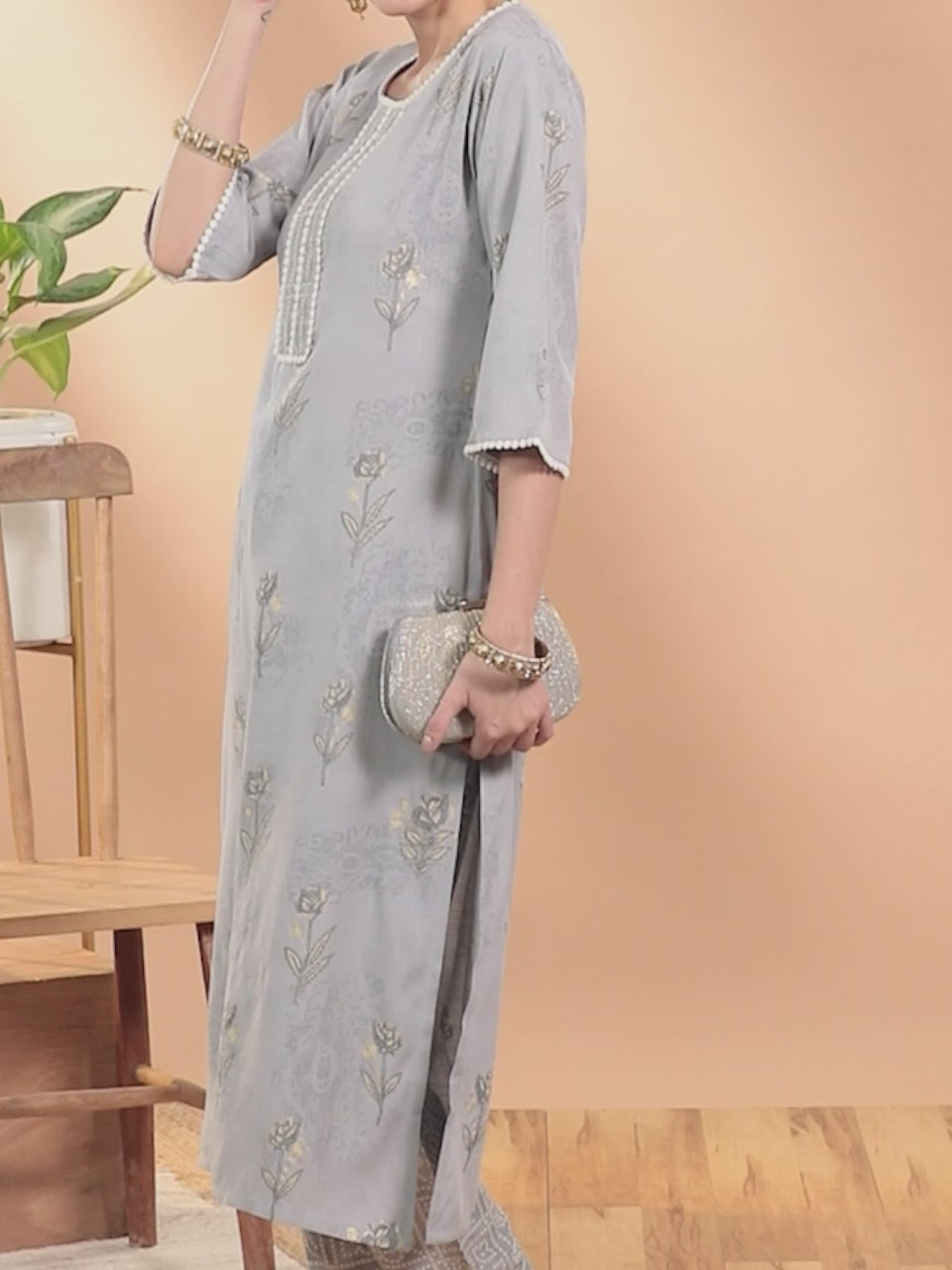 Grey Printed Rayon Kurta