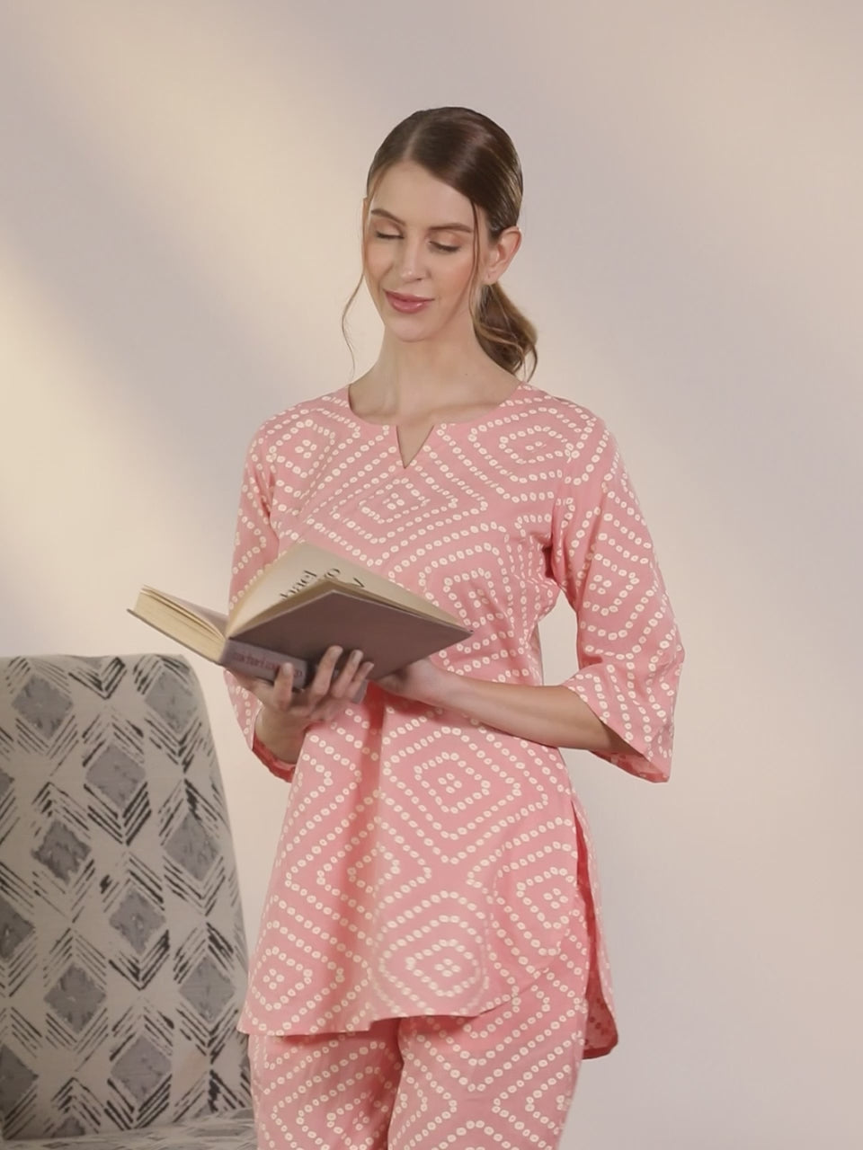 Peach Printed Cotton Night Suit