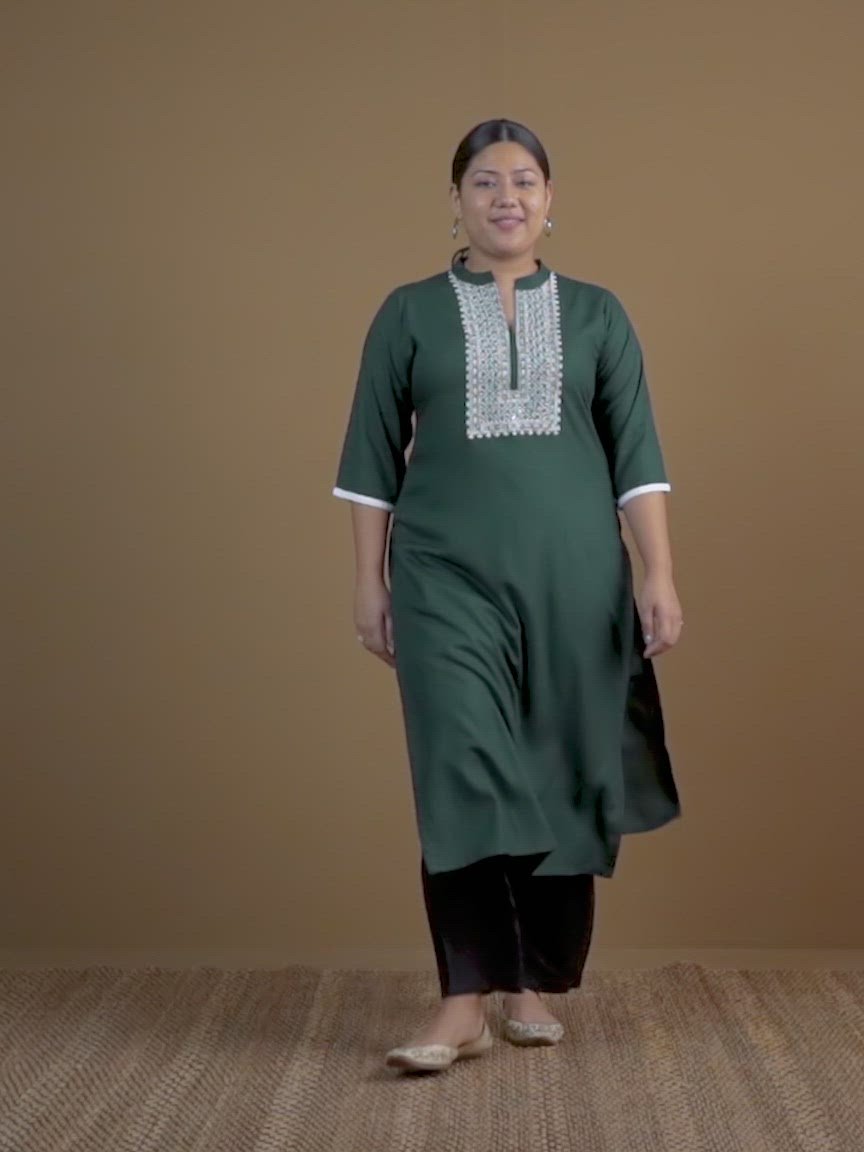 Plus Size Green Embroidered Rayon Kurta