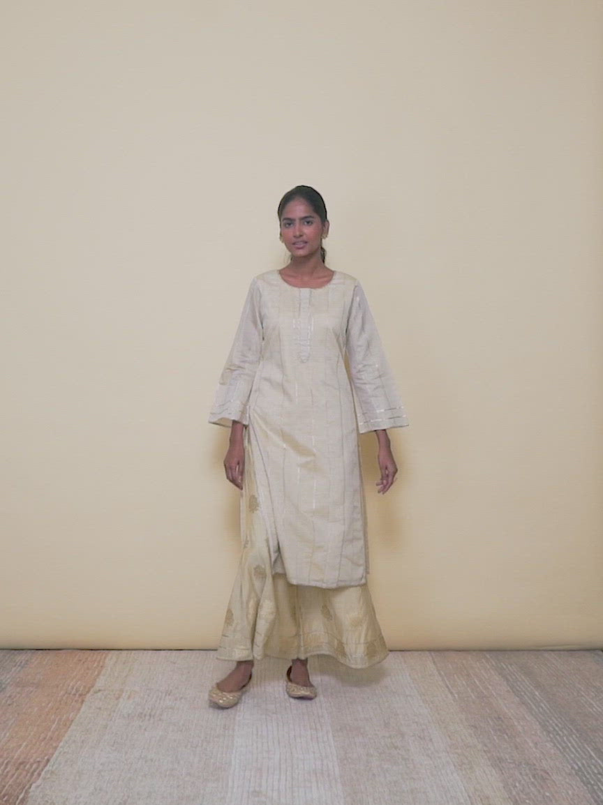 Beige Self Design Chanderi Silk Straight Kurta With Palazzos