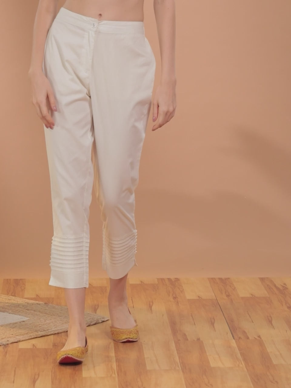 Off White Solid Cotton Trousers