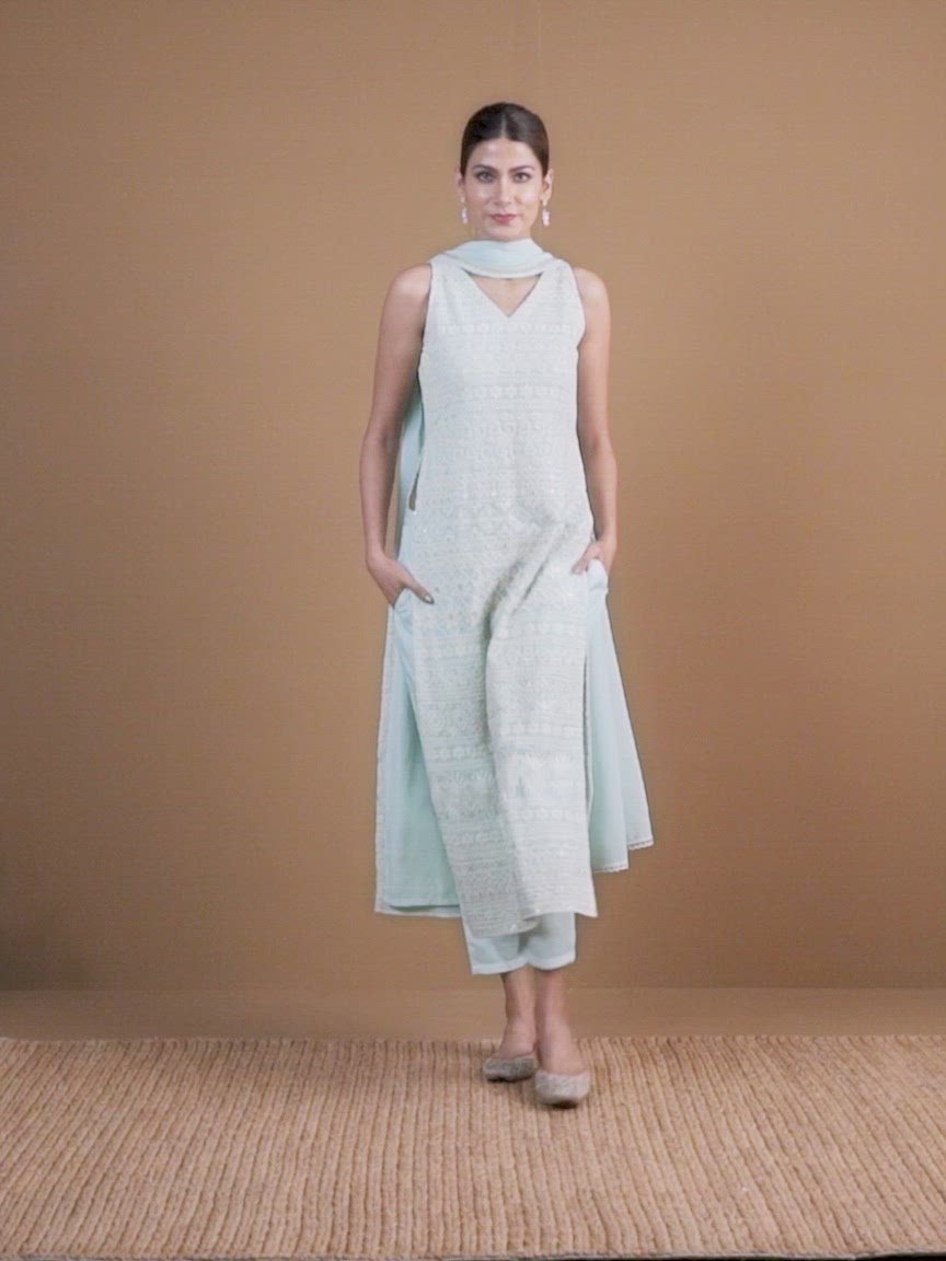 Blue Embroidered Georgette Straight Kurta With Dupatta