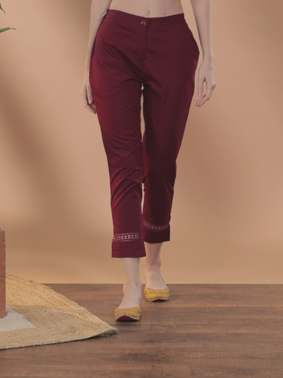 Maroon Solid Cotton Trousers